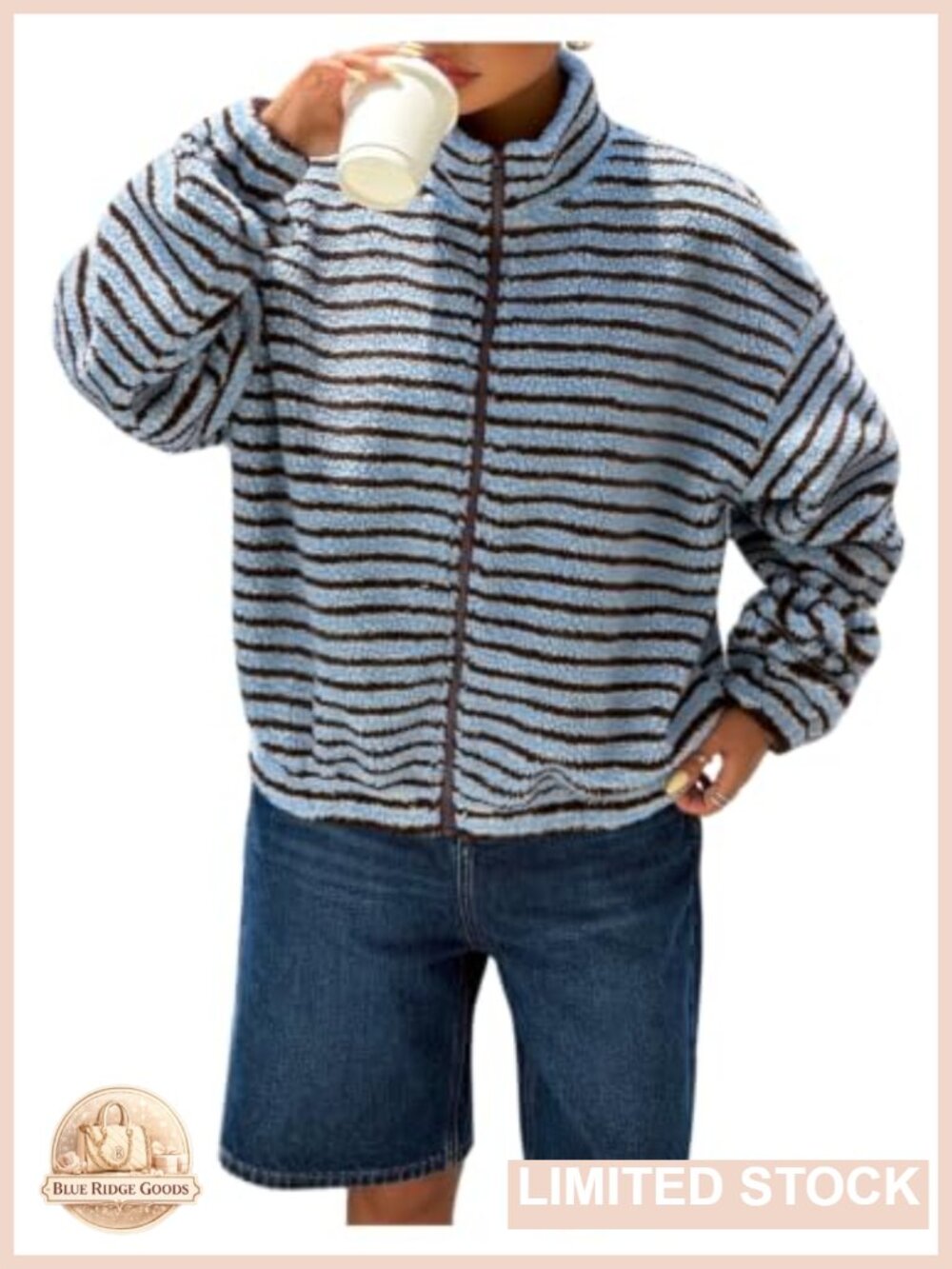 Striped Fleece Jacket Zip Up Funnel Neck Oversized Sweatshirt